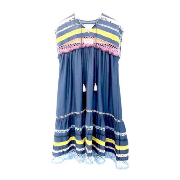 Free People Crochet Lace Boho Midi Dress Blue Pink - Picture 4 of 9